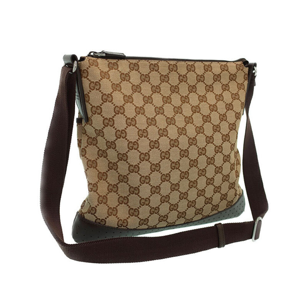 Gucci GG Brown Messenger Leather Canvas Bag Perforated Crossbody